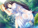  1girl barefoot black_hair blush feet female game_cg grass long_hair marushin_(denwa0214) open_mouth opent_mouth plant purple_eyes soles solo supokon!_sports_wear_complex terashima_madoka water wet 