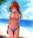  1girl bad_id beach bikini breasts brown_hair collarbone dappled_sunlight green_eyes long_hair micro_bikini ocean original ponytail sand sayika shade solo standing sunlight swimsuit translated water 