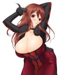 1girl :o arms_up blush breasts brown_hair bust choker cleavage demon_girl demon_horns dress fur_trim horns huge_breasts long_hair looking_at_viewer maou_(maoyuu) maoyuu_maou_yuusha nakano_sora pose posing red_eyes simple_background solo upper_body white_background