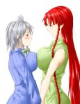 2girls asymmetrical_docking blue_eyes blush braid breast_envy breast_press breasts bust female hair highres hong_meiling huge_breasts izayoi_sakuya large_breasts long_hair maid_headdress multiple_girls niwatazumi red_hair ribbed_sweater ribbon short_hair silver_hair simple_background sweater touhou twin_braids upper_body very_long_hair white_background