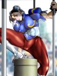 1girl arikawa cameltoe capcom china_dress chinese_clothes chun-li crotch_seam dress erect_nipples highres muscle muscular_female pantyhose pelvic_curtain solo street_fighter