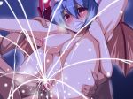  1girl alternate_breast_size bat_wings blue_hair blush breasts censored cum cum_in_pussy cum_inside erect_nipples female_ejaculation folded huge_breasts nipples overflow penis pussy raiden_(artist) red_eyes remilia_scarlet sex short_hair solo solo_focus spread_legs sweat touhou wings 