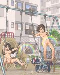 2_girls 2girls :o aliasing anus armpits ass backpack bag balcony bangs barefoot bicycle bike black_hair blue_bra blue_panties blush bra breasts breasts_apart brown_eyes brown_hair building chain-link_fence clothes_removed double_rainbow exhibitionism feet female_only fence floating_hair hair happy human kasuga39 kasuga_(kasuga39) leaning_back long_hair lowres multiple_girls navel neck_tie necktie nipples nude oekaki open_mouth original outdoor_nudity outdoors outside panties parted_bangs playground pleated_skirt pubic_hair public public_nudity pussy railing rainbow rainbow_pattern randoseru school_bag school_uniform serafuku shirt shoes short_hair sitting skirt slide smile sneakers soles spiked_hair spread_legs standing swing swing_set toes tree uncensored underwear white_bra window zenra