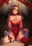 1girl antlers bare_shoulders big_breasts breasts brown_eyes brown_hair christmas cleavage high_res highres instant-ip instant_ip large_breasts long_hair original parted_lips red_legwear reindeer_antlers revision solo stockings thighhighs