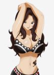 1girl arms_up bare_shoulders black_eyes bra breasts brown_hair cana_alberona cleavage fairy_tail female high_res highres huge_breasts juudai large_breasts long_hair midriff mound_of_venus open_mouth pixiv_manga_sample resized simple_background smile solo tattoo underwear white_background