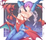 1girl armpits arms_up bangs bat bat_print bat_wings blue_legwear blush boots breasts breasts_outside bridal_gauntlets character_name covered_navel demon_girl elbow_gloves feathers from_side gloves hair_between_eyes hand_behind_head head_wings high_heel_boots high_heels high_res highleg highleg_leotard highres kneeling leotard light_particles lilith_aensland looking_at_viewer low_wings nipples pantyhose print_legwear purple_hair red_eyes shiny shiny_clothes short_hair small_breasts smile solo succubus taut_clothes torn_clothes toshi vampire_(game) wings