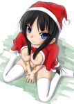 1girl akiyama_mio bell black_hair blue_eyes blush breasts christmas hat k-on! nipple nipple_bells nipple_piercing nipple_rings nipples piercing santa_costume santa_hat smile solo stockings tenrai_(temple) tenraizi thighhighs uncensored