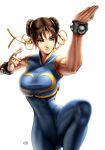 1girl abs arm_up bangs bracelet brown_eyes brown_hair capcom chun-li crop_top double_bun double_vertical_stripe female female_only fighting_stance foreshortening hair_between_eyes hair_ribbon hands jewelry leg_lift lips looking_away muscle narrow_waist official_art omar_dogan ribbon shirt simple_background skin_tight sleeveless slender_waist solo spread_legs standing standing_on_one_leg street_fighter striped taut_clothes taut_shirt thick_thighs thighs turtleneck udon udon_entertainment unitard white_background wide_hips