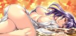 1girl bare_legs big_breasts bottomless breasts cleavage looking_at_viewer lying navel no_bra parted_lips partially_submerged purple_eyes purple_hair red_eyes saburou_(hgmg) short_hair solo touhou wet wet_clothes yasaka_kanako