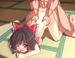 1boy 1girl ass blush bow breasts brown_hair dimples_of_venus doggystyle hair_bow hair_ornament hair_tubes hakurei_reimu indoors looking_at_viewer moaning nude on_floor one_eye_closed open_mouth red_eyes saliva sex shefu sideboob solo_focus tatami tears thighs top-down_bottom-up torso_grab touhou wince