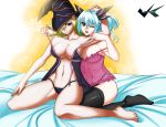  2_girls areola_slip areolae armpits bare_shoulders barefoot bed big_breasts black_legwear black_panties breasts cardfight!!_vanguard collarbone crossover darkness_maiden_macha duel_monster feet female gagaga_girl hair hair_over_one_eye jadenkaiba legs lingerie macca multiple_girls no_bra otohime panties see-through shadow_paladin sitting thighhighs thighs toes underwear wink yu-gi-oh! yuri 