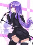   1girl ass black_legwear coracola hair_ornament hairclip high_res looking_at_viewer looking_back microphone microphone_stand open_mouth original purple_eyes purple_hair school_uniform serafuku skirt solo stockings zettai_ryouiki  