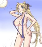  1girl animal_ears bikini blonde_hair blue_eyes breasts character_request freckles hand_on_hip katharine_ohare kou_(garakuta_teikoku) long_hair sketch sling_bikini smile solo strike_witches swimsuit tail very_long_hair 