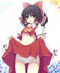 1girl ascot black_hair blush bow breasts detached_sleeves female hair_bow hair_tubes hakurei_reimu midriff navel open_mouth panties red_eyes shefu shirt skirt skirt_lift skirt_set solo sweat touhou underboob underwear upskirt white_panties