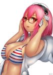 1girl absurd_res akizone big_breasts bikini breasts cleavage glasses headphones high_res jacket long_hair nitroplus orange_eyes pink_hair smile solo super_sonico swimsuit