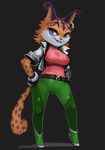 anthro belt big_breasts bittenhard breasts ear_piercing felid feline female lynx mammal miyu_lynx nintendo piercing purple_eyes smile solo star_fox