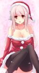 1girl aosaki_yukina black_legwear blush female hat headphones jewelry long_hair necklace nitroplus open_mouth pink_hair red_eyes santa_costume santa_hat sitting solo stockings super_sonico thighhighs zettai_ryouiki