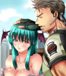  1boy 1girl bare_shoulders bat_wings big_breasts blush breasts brown_hair capcom chris_redfield cleavage closed_eyes collarbone demon_girl earpiece facial_hair fingerless_gloves gloves green_eyes green_hair hair hand_on_head head_wings large_breasts long_hair marvel marvel_vs._capcom marvel_vs._capcom_3 morrigan_aensland nagare open_mouth petting resident_evil stubble succubus vampire_(game) wings 