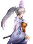  1girl big_breasts breasts hat japanese_clothes kariginu long_hair long_sleeves mononobe_no_futo nikonikosiro ofuda ponytail profile silver_hair skirt solo sword tate_eboshi touhou weapon wide_sleeves 