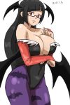  1girl alternate_hairstyle arc_system_works bare_shoulders bat_print bat_wings black_hair blazblue blazblue:_calamity_trigger breasts bridal_gauntlets capcom cleavage cosplay glasses head_wings hiru_made_ne-tarou huge_breasts leotard litchi_faye_ling long_hair morrigan_aensland morrigan_aensland_(cosplay) pantyhose print_legwear print_pantyhose red_eyes semi-rimless_glasses solo under-rim_glasses vampire_(game) wings 