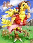  aerith_gainsborough animalization beak blue_eyes bolero bracelet brown_hair chocobo claws clouds cropped_jacket dress edmol feathers final_fantasy final_fantasy_vii grass hair_ribbon jewelry mountain no_humans open_mouth pink_dress ribbon solo tail torn_clothes transformation what wings 