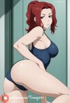 1girl ai_generated ass beelzebub_(manga) big_breasts blue_one-piece_swimsuit breasts long_hair looking_at_viewer looking_back mole mole_under_eye one-piece_swimsuit oomori_nene patreon_logo ponytail red_hair school_swimsuit sideboob swimsuit thighs trewg001 watermark web_address