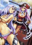  2girls annelotte_(queen&#039;s_blade) big_breasts breasts captain_liliana eiwa hair long_hair multiple_girls official_art panties pink_eyes pirate pirate_hat queen&#039;s_blade queen&#039;s_blade_rebellion short_skirt smile sword tiara torn_clothes weapon white_hair 