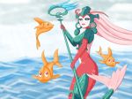 1girl alternate_costume armor black_sclera blue_eyes fish headdress jefflink league_of_legends mermaid monster_girl nami_(league_of_legends) ocean open_mouth scales solo staff tail water weapon