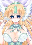 1girl artist_name big_breasts blonde_hair blue_eyes blush breasts dakimakura detached_collar forehead_jewel head_wings headdress kurosiro_neko large_breasts long_hair looking_at_viewer pov pov_eye_contact purple_background riesz seiken_densetsu seiken_densetsu_3 shy solo square_enix