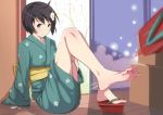  1girl 94plum ahoge araragi_tsukihi barefoot black_eyes black_hair blush feet fried_egg geta hair_ornament japanese_clothes long_legs monogatari_(series) nisemonogatari no_socks sandals short_hair single_shoe sitting soles solo toes tree 