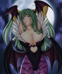  1girl arms_up artemisumi bat_wings big_breasts blush breasts cleavage demon_girl elbow_gloves gloves green_eyes green_hair head_wings leotard long_hair moon morrigan_aensland open_mouth pantyhose print_pantyhose seraphina solo succubus tears vampire_(game) wings 