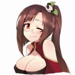 1girl arc_system_works bad_id bare_shoulders big_breasts black_bra blazblue blazblue:_calamity_trigger blush bra breasts brown_hair bust china_dress chinadress chinese_clothes cleavage cleavage_cutout dress female glasses hair_ornament halterneck lao_jiu large_breasts lingerie litchi_faye_ling long_hair one_eye_closed oyaji-sou oyaji_kusa panda ponytail red_eyes smile solo underwear upper_body very_long_hair wink