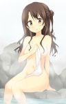 1girl blush brown_eyes brown_hair covering covering_breasts dekosuke half_updo idolmaster idolmaster_cinderella_girls long_hair navel nude onsen shimamura_uzuki sitting solo towel water