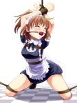 1girl arle_nadja arms_up ball_gag blush bondage bound_wrists breast_bondage breasts drooling gag kneel madou_monogatari maid_uniform puyo_puyo rope shibari solo sweetsprite tied_up