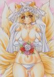  1girl animal_ears bare_shoulders big_breasts bikini blonde_hair blush bouquet bra breasts bridal_veil bride cleavage collarbone colored_pencil_(medium) curvy elbow_gloves female flower fox_ears fox_tail gloves gluteal_fold graphite_(medium) large_breasts looking_at_viewer marker marker_(medium) milf millipen_(medium) mole mole_on_breast multiple_tails navel orange_eyes panties pencil_crayon_(medium) pink_background pink_rose red_rose rose short_hair skindentation smile solo standing swimsuit tail thigh_gap touhou traditional_media underwear underwear_only veil white_bra white_gloves white_panties white_rose wide_hips yakumo_ran yutakasan-love 