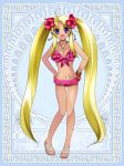 1girl bikini blonde_hair blue_eyes breasts cleavage dark_skin earrings flower frilled_bikini frills front-tie_top full_body hair_flower hair_ornament hands_on_hips hibiscus ion_maunaloa jewelry long_hair necklace pendant shiny shiny_skin silver_rain smile solo swimsuit thigh_gap twin_tails twintails very_long_hair