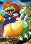 ambiguous_gender belt blue_dress boat castle claws clothing clouds dragon dragon_quest dragon_quest_vi edmol fangs hero_(dq6) red_eyes teeth torn_clothing transformation water wings