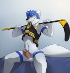 blue_hair boston_bruins canine cute furry hair hockey_stick jailbird male penis rain_reiko solo tail testicles wolf