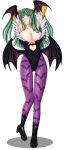  1girl absurdres arms_up artemisumi bat_print bat_wings big_breasts blush boots breasts capcom cleavage demon_girl elbow_gloves full_body gloves green_eyes green_hair highres huge_breasts leotard long_hair morrigan_aensland open_mouth pantyhose patterned_legwear print_legwear print_pantyhose seraphina shadow solo succubus tall_image tears vampire_(game) white_background wings 