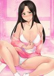  1girl big_breasts black_hair blush bra breasts cleavage green_eyes idolmaster japanese_clothes kimono long_hair mukai_takumi panties satou_souji smile socks solo underwear undressing 