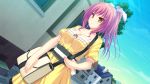  1girl bag blush bow brown_eyes building clouds day dress female floria_vestoria game_cg hair_ornament high_res long_hair pink_hair ponytail ryuuyoku_no_melodia sky smile solo tenmaso tree walking whirlpool_(studio) window 