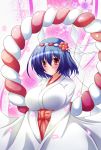 1girl big_breasts blue_hair blush breasts female flower hair_flower hair_ornament huge_breasts japanese_clothes large_breasts long_sleeves miko osashin_(osada) pink_eyes rope shimenawa solo touhou v_arms wide_sleeves yasaka_kanako