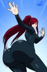 >:) ass ass_shake axel-rosered big_ass big_breasts bodysuit breasts bubble_butt dat_ass erza_scarlet fairy_tail female hair_over_one_eye looking_at_viewer looking_back motion_lines shaking_ass signature solo spandex