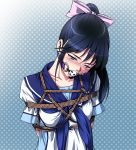  1girl arms_behind_back ball_gag bdsm black_hair blush bondage bound bound_arms box_tie breast_bondage drooling gag love_plus rope sakuraba_tsukasa school_uniform shibari solo takane_manaka tied_up 