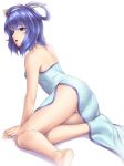  1girl :o alternate_costume ass bare_shoulders barefoot blue_eyes blue_hair blush china_dress chinese_clothes dress female hair_ornament hair_rings hair_stick kaku_seiga looking_at_viewer mochi.f no_panties short_hair solo thighs touhou 