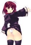  :o ahoge ass black_legwear blush hood hoodie kinoshita_ichi looking_at_viewer looking_back open_mouth original outstretched_arm panties pantyshot red_eyes red_hair short_hair simple_background skirt solo stockings thighhighs underwear upskirt white_background white_panties wide_sleeves 