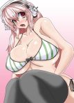 1girl bikini black_legwear black_thighhighs breasts curvy erect_nipples female gradient_background headphones huge_breasts long_hair nitroplus open_mouth pink_background pink_hair red_eyes simple_background sitting solo stockings striped striped_bikini striped_swimsuit super_sonico swimsuit thighhighs ura urx_ura vocaloid