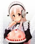 1girl big_breasts blush breast_rest breasts breasts_outside cream female food fruit headphones iwanishi large_breasts long_hair looking_at_viewer maid maid_headdress nipples nitroplus open_clothes open_mouth pink_hair red_eyes solo strawberry super_sonico tray