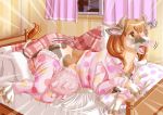 bed bed_sheet breasts brown_hair cow cow_girl dots edmol furrified furry hooves horns lactation milk open_mouth pajamas sheets solo stain tail tears transformation udder veins what