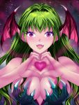 1girl alternate_costume alternate_eye_color bare_shoulders bat_wings big_breasts breasts cleavage demon_girl fangs gradient_eyes green_hair head_wings heart heart_hands long_hair morrigan_aensland multicolored_eyes open_mouth pink_eyes purple_eyes roland-gin solo succubus vampire_(game) wings